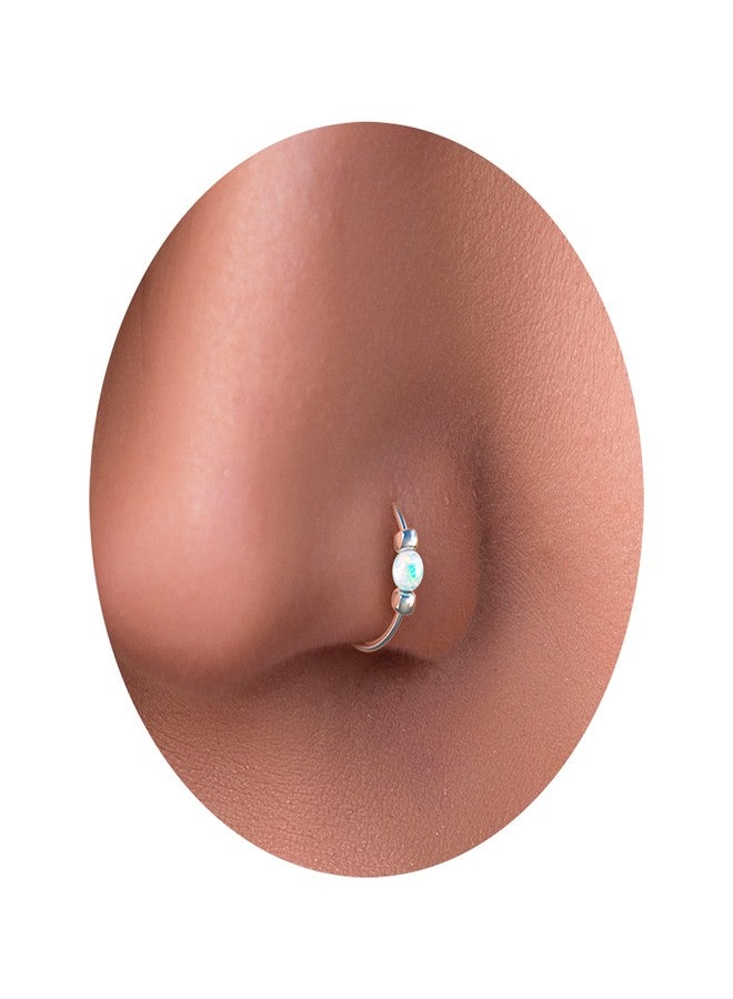 BILIBOOM 925 Sterling Silver Nose Ring Hoop - Thin 24G 7mm Opal Nose Piercing for Women - Dainty White Opal Nose Hoop for Sensitive Skin - Handmade Minimalist Silver Nose Jewelry Gift Ready - Image 1